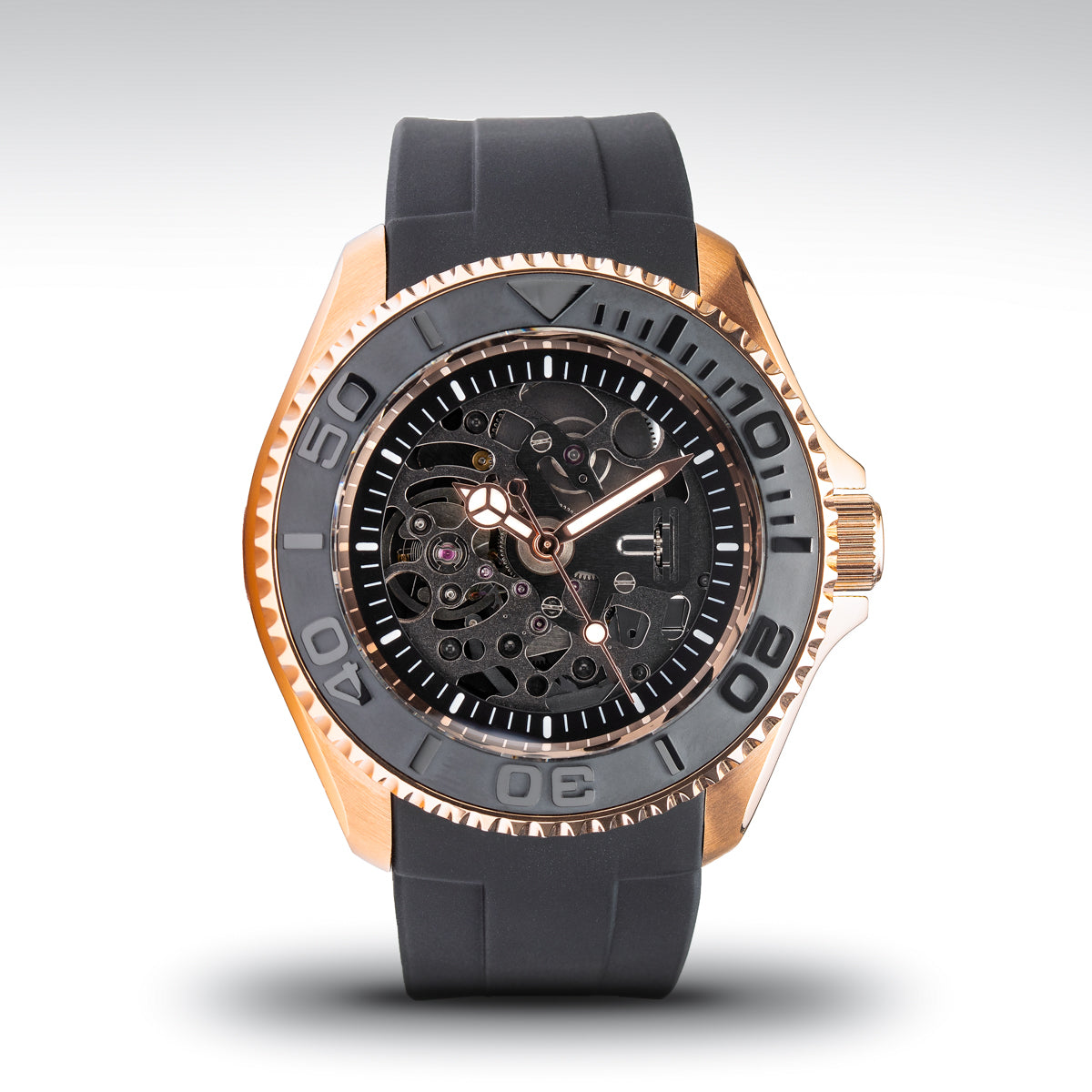 rose gold skeletonised watch